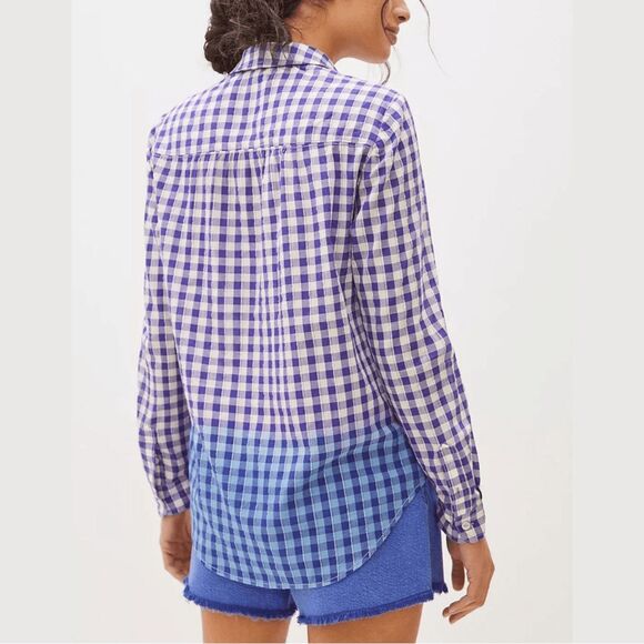 ANTHROPOLOGIE Pilcro Blue White Plaid Ombre Boho Oversized Button Up Top Small - Picture 3 of 10